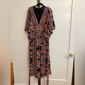 Free People Black and Pink Floral maxi Dress with waist belt.